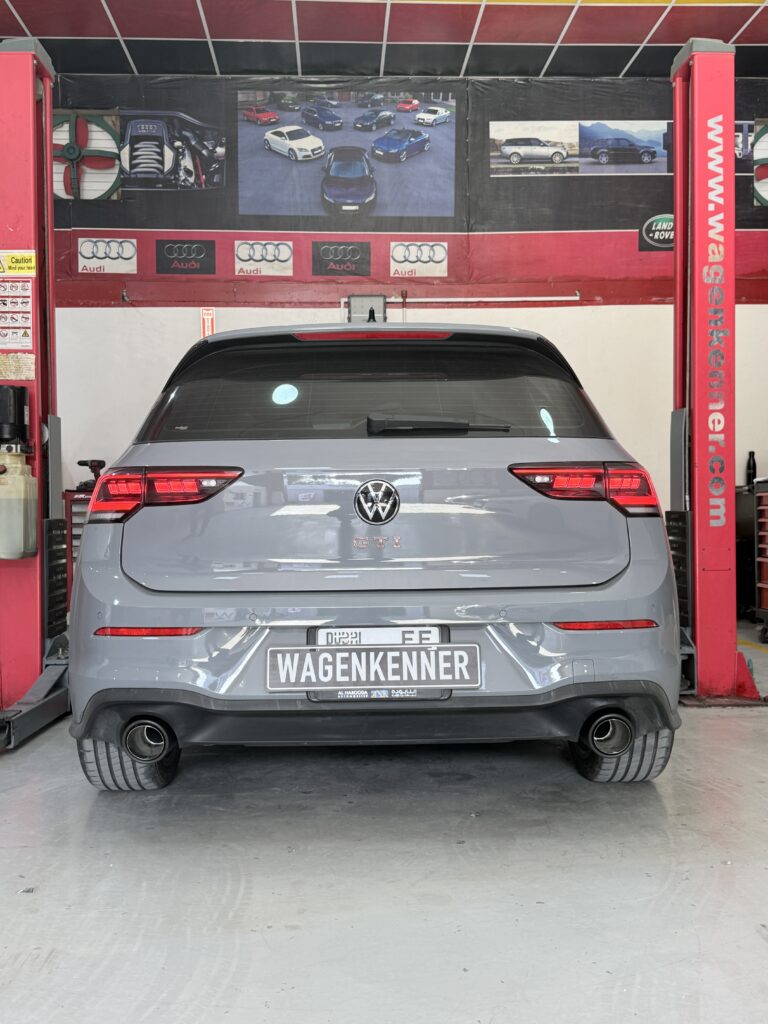 Rear view of a grey Volkswagen Golf GTI at WagenKenner workshop in Al Quoz 4, Dubai