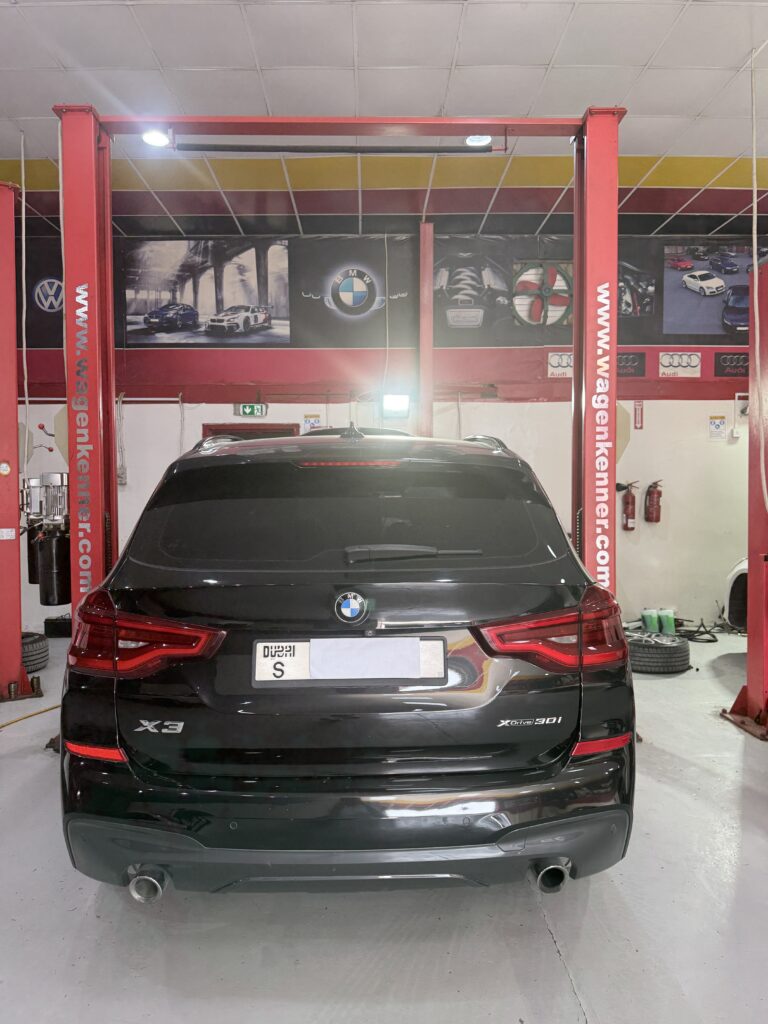 Rear view of a BMW X3 inside WagenKenner’s workshop in Al Quoz 4, Dubai