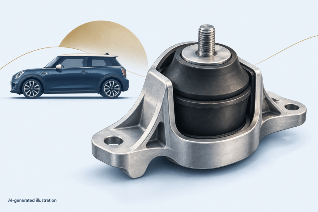 AI illustration of a generic engine mount beside a MINI-style hatchback